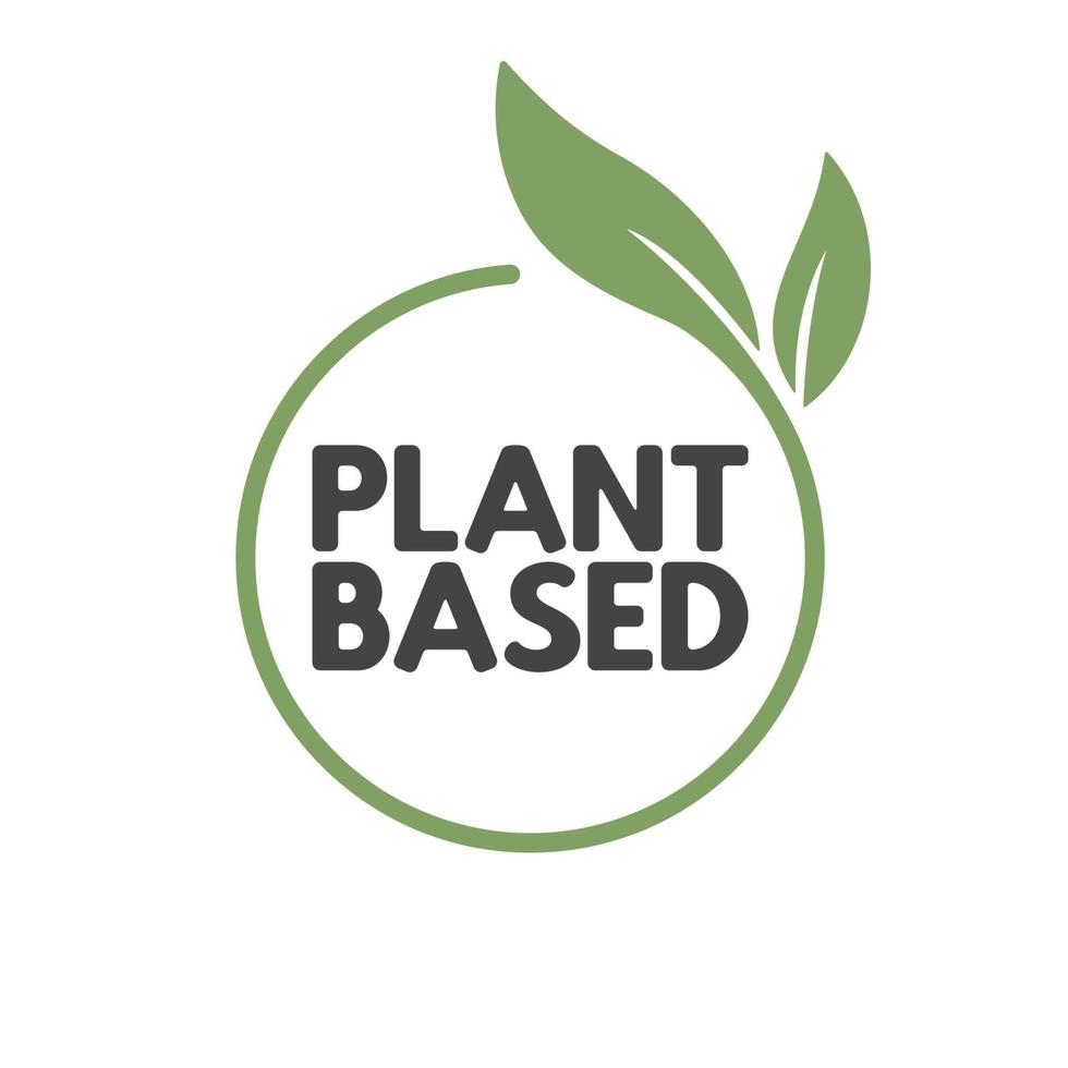 Plant based label. Text inside a circle with leaves around. Vegan friendly badge. vector