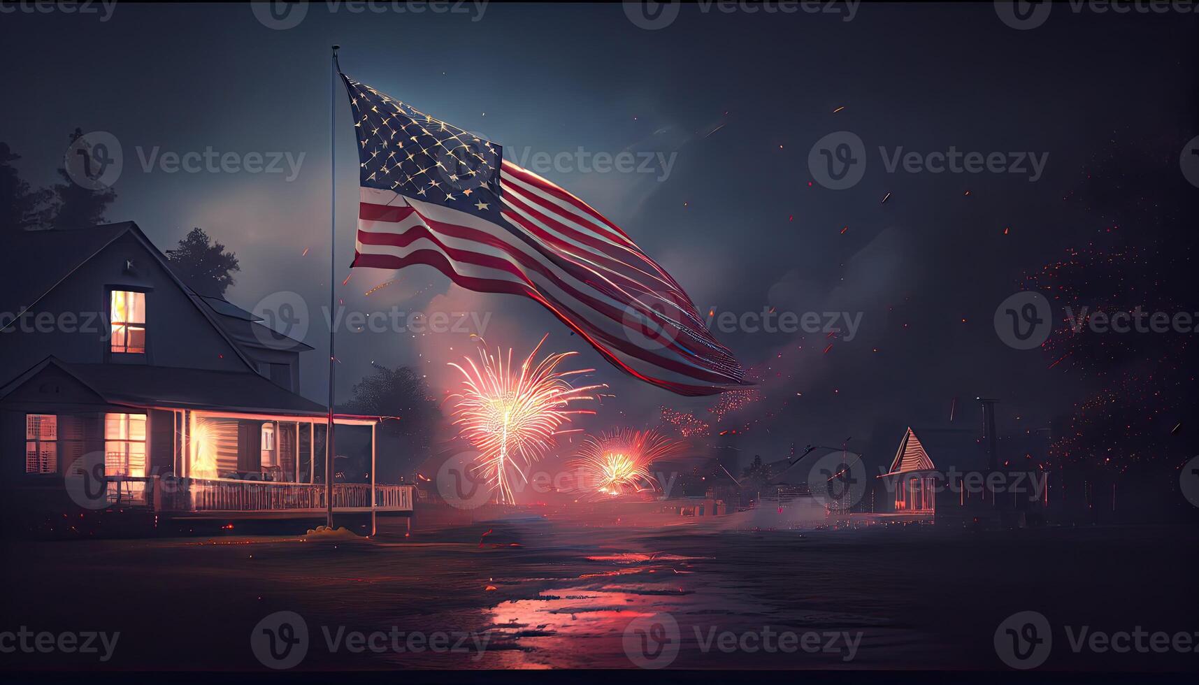 american flag waving in the air with fireworks and night scene view fourth of july concept Independence Day time for revolution July 4th photo