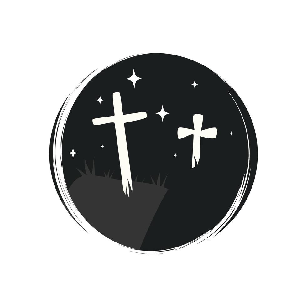 Cute icon vector with gravestone and stars, illustration on circle with brush texture, for social media story and instagram highlights