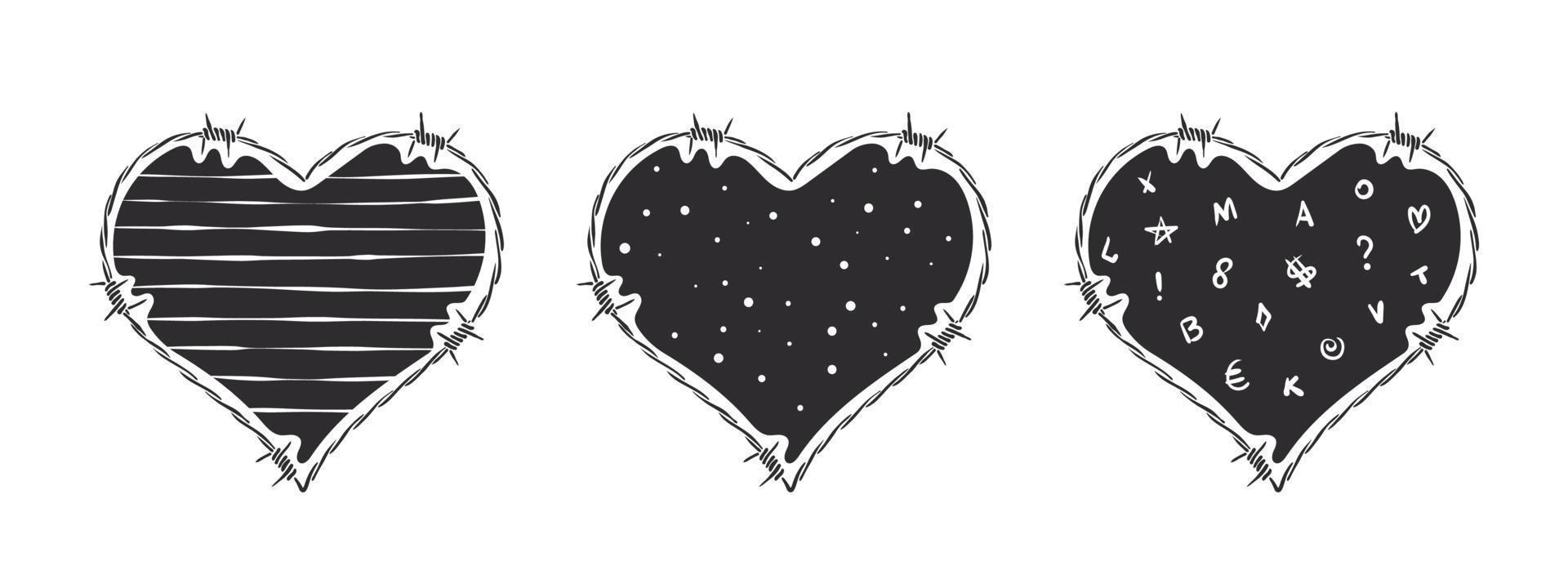 Razor wire heart. Three black hearts with barbed wire and different textures. Vector scalable graphics