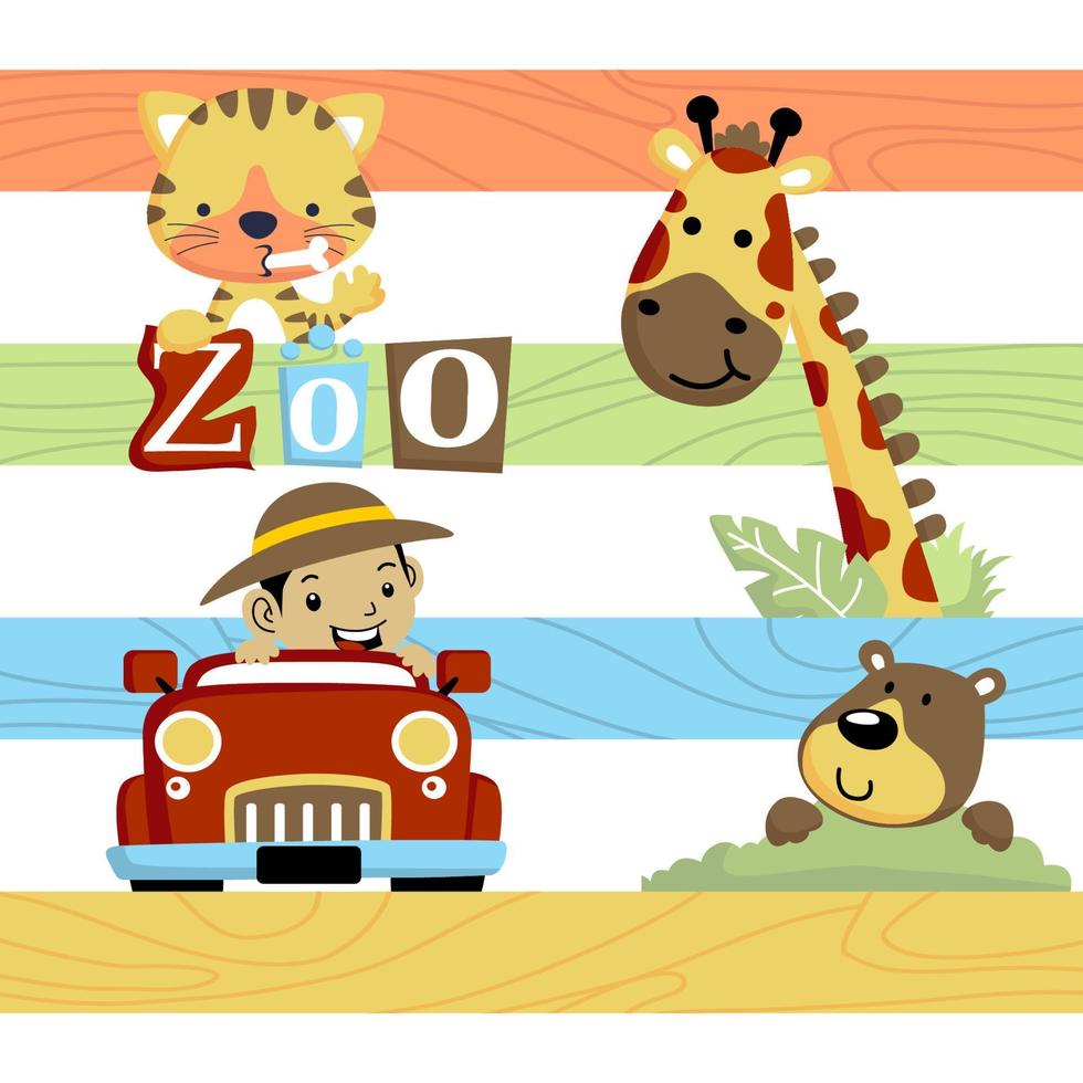 Vector cartoon of a boy driving car with cute animals on colorful striped background