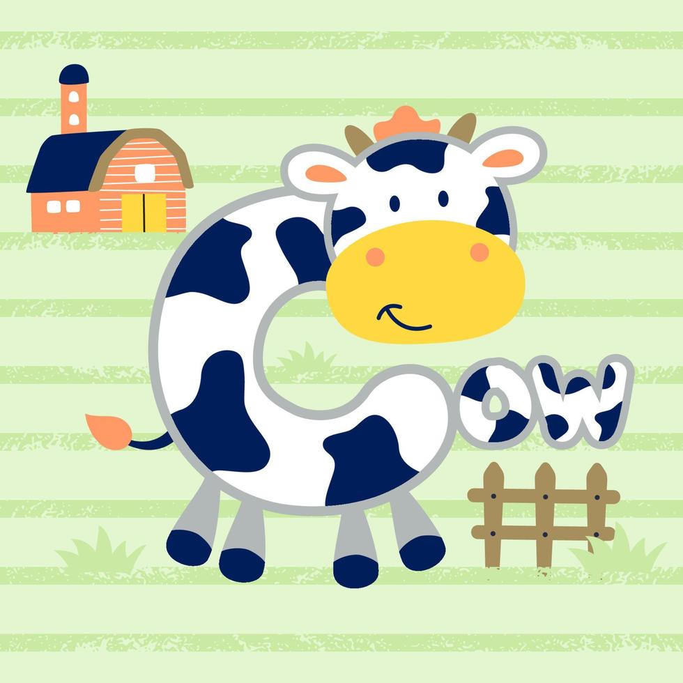 funny cow cartoon shaped C letter with barn and fence on striped background vector