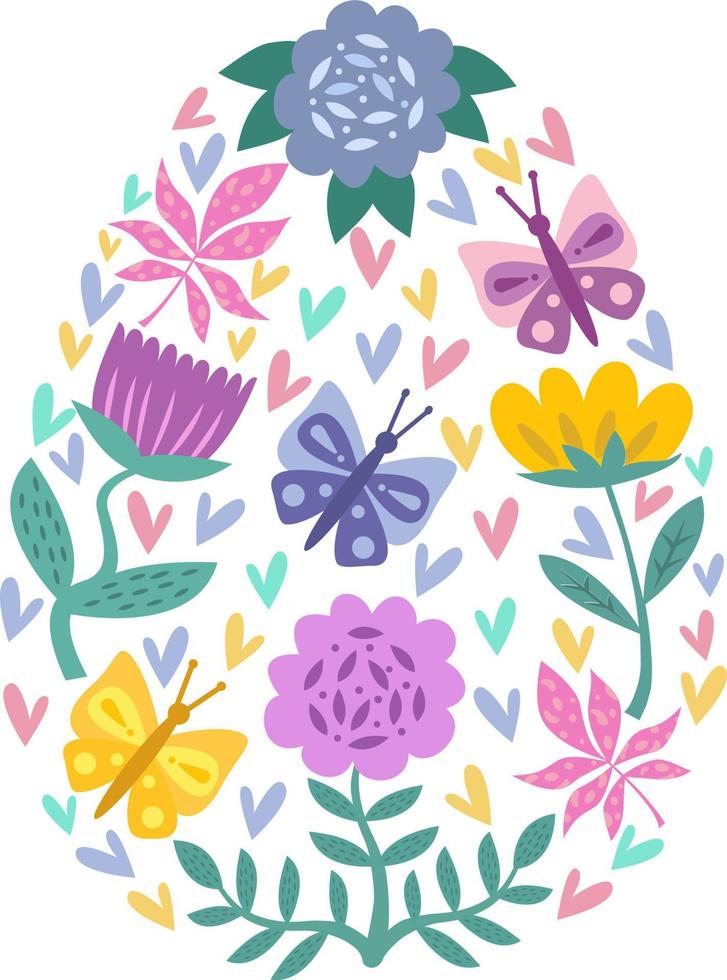 Floral pattern inside the Easter egg.Spring flowers in pastel colors.Postcard.A flat illustration drawn by hand. vector