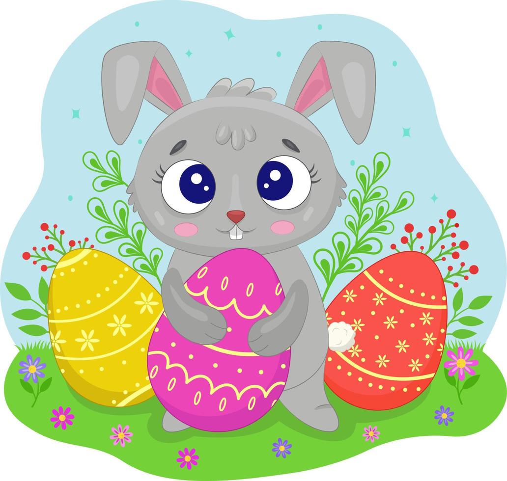 Funny Easter bunny with eggs vector cartoon illustration isolated in the background. Vector illustration.