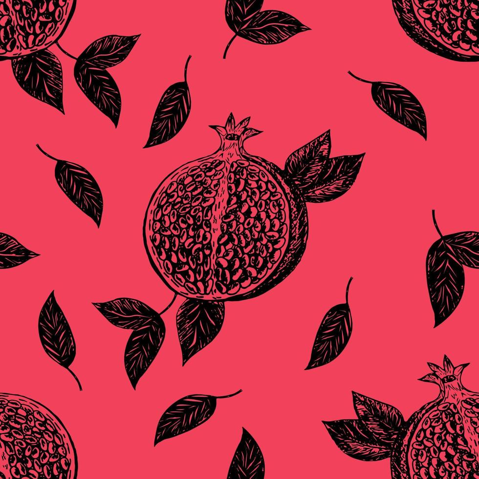 Seamless pattern with pomegranate fruits on a red background. Stock illustration on a horticultural theme. It is used for menus, advertisements and covers, packaging paper, food illustrations. vector