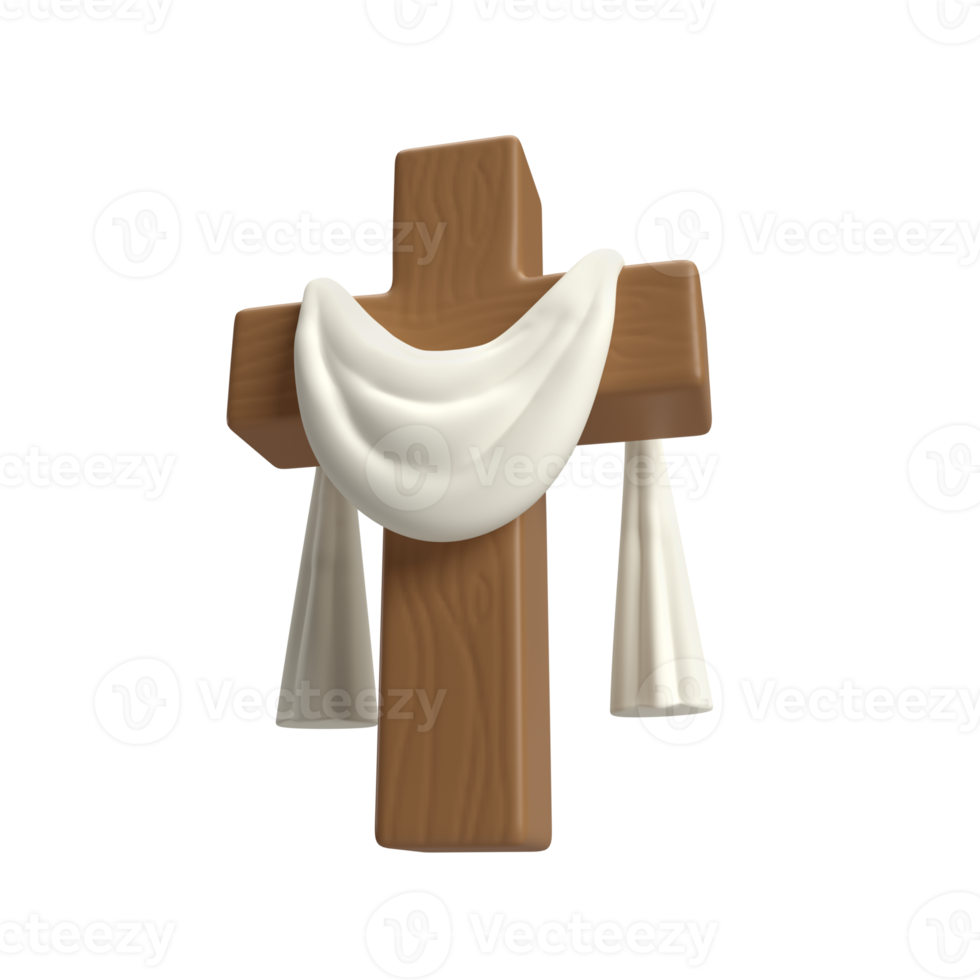 3d icon Wooden Cross with white cloth textile, symbol of the resurrection of Jesus Christ. He is risen. Easter resurrection illustration. Scripture. isolated transparent png background