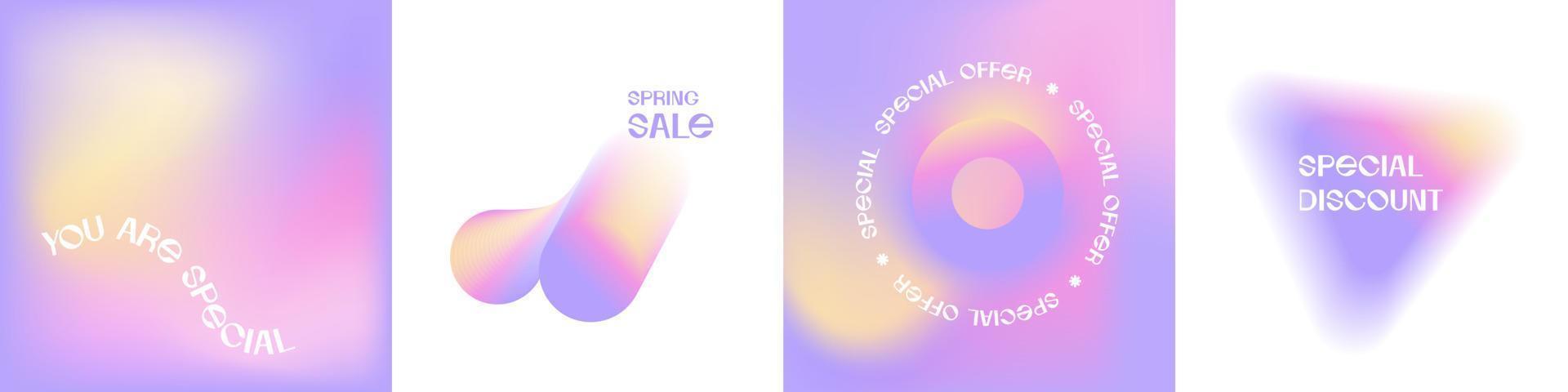 Set of trendy blur gradient social media sale covers template. Vintage y2k pastel color banners collection for spring special business discount. Minimalist blurred abstract store promotion poster. vector