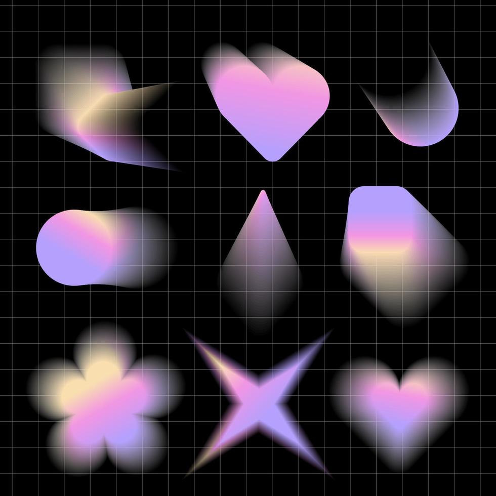 Abstract blurred gradient shapes collection, blurry star, flower or heart aura aesthetic elements set, y2k colorful soft gradients. Brutalism shape blurs, various geometric forms in 90s style. Vector