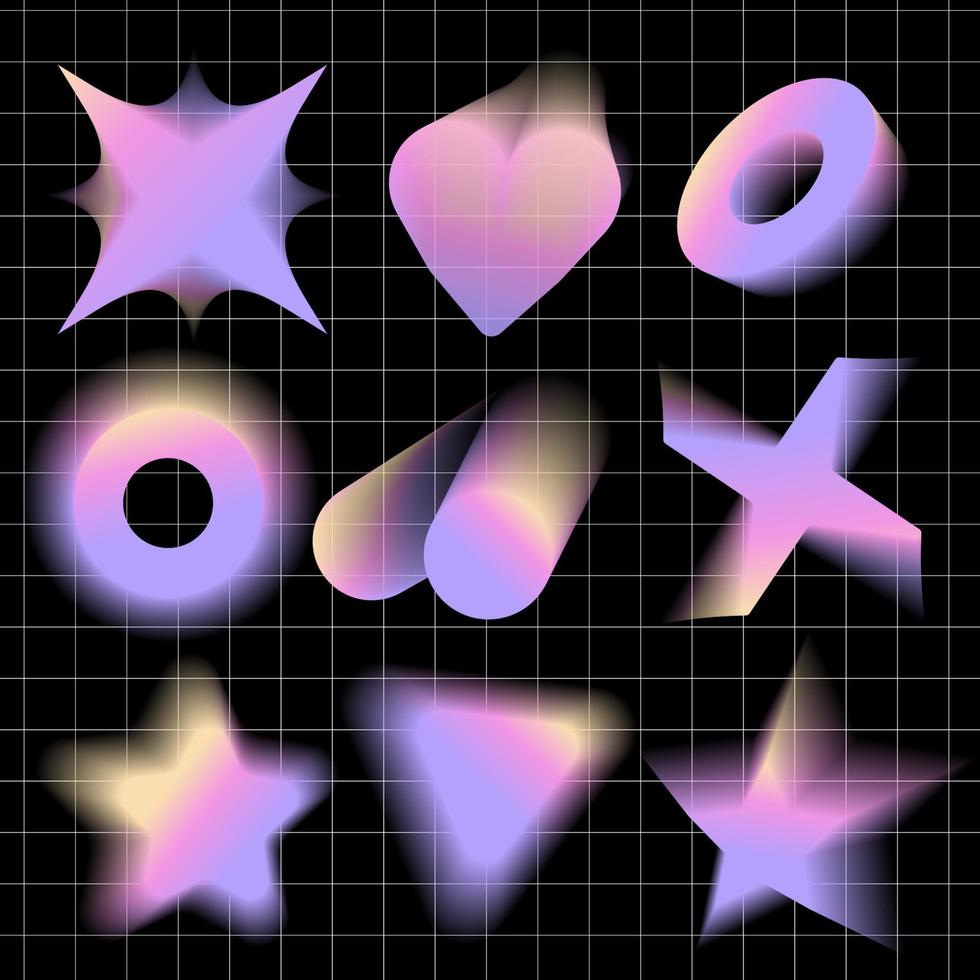 Abstract blurred gradient shapes set with blurry star, ring and heart aura aesthetic elements. Y2k colorful soft gradients items. Brutalism shape blurs, various geometric forms in 90s style. Vector