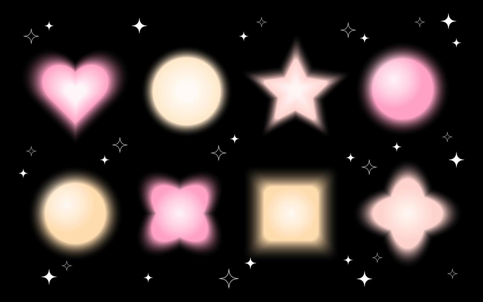 Set of vector blurry figures and shapes with retro Y2K stars on a black background.