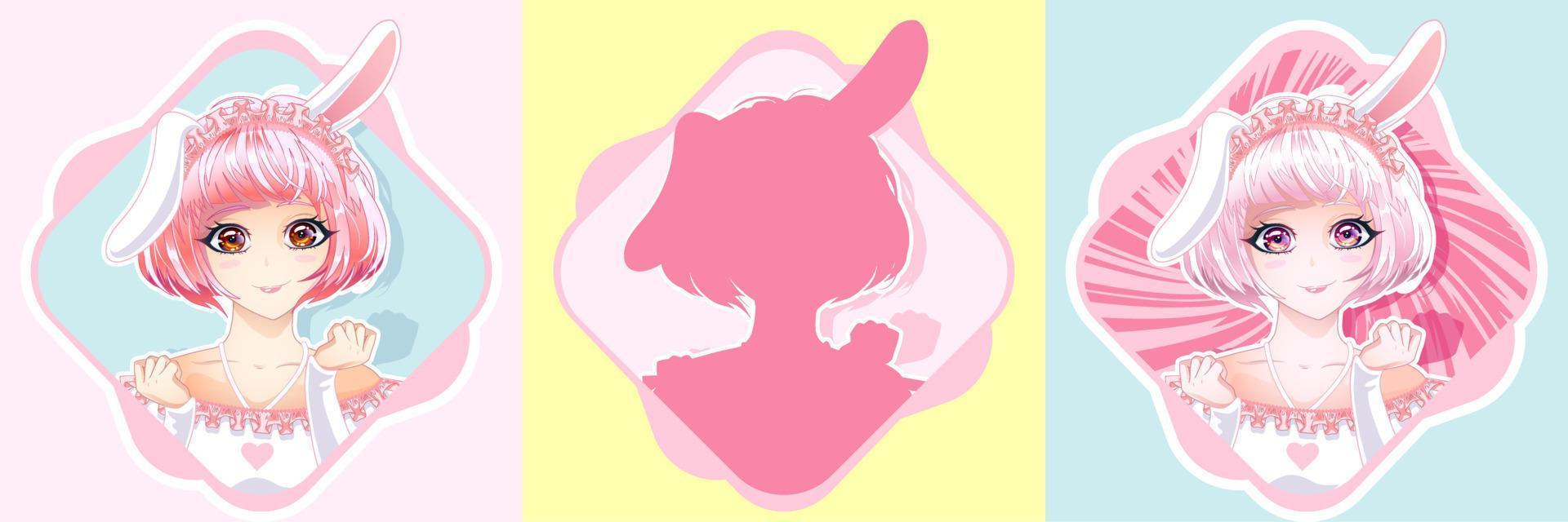 linda niña retrato con rosado pelo y conejito orejas. vector