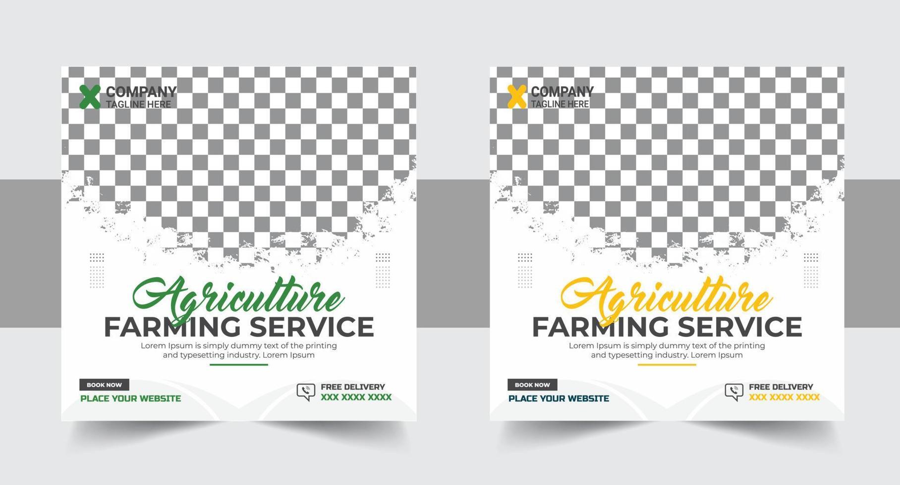 Farm management template vector with green and yellow colors. Lawn and gardening service web banner design for social media marketing. Agro farm service social media post