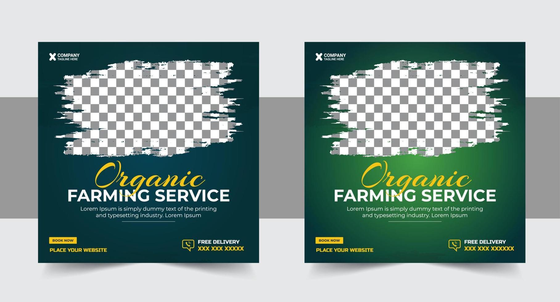 Farm management template vector with green and yellow colors. Lawn and gardening service web banner design for social media marketing. Agro farm service social media post