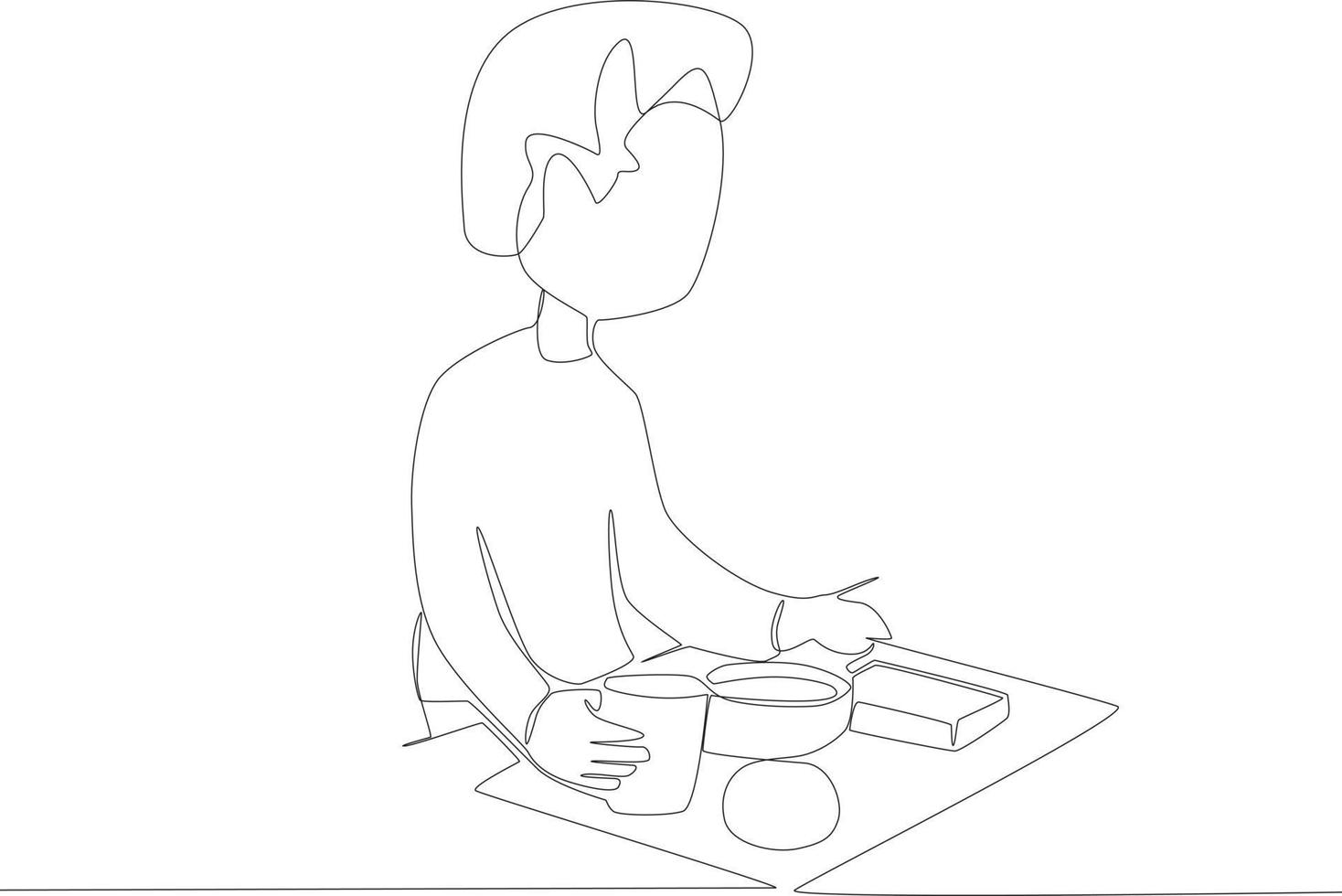 A child is full after eating one line drawing vector