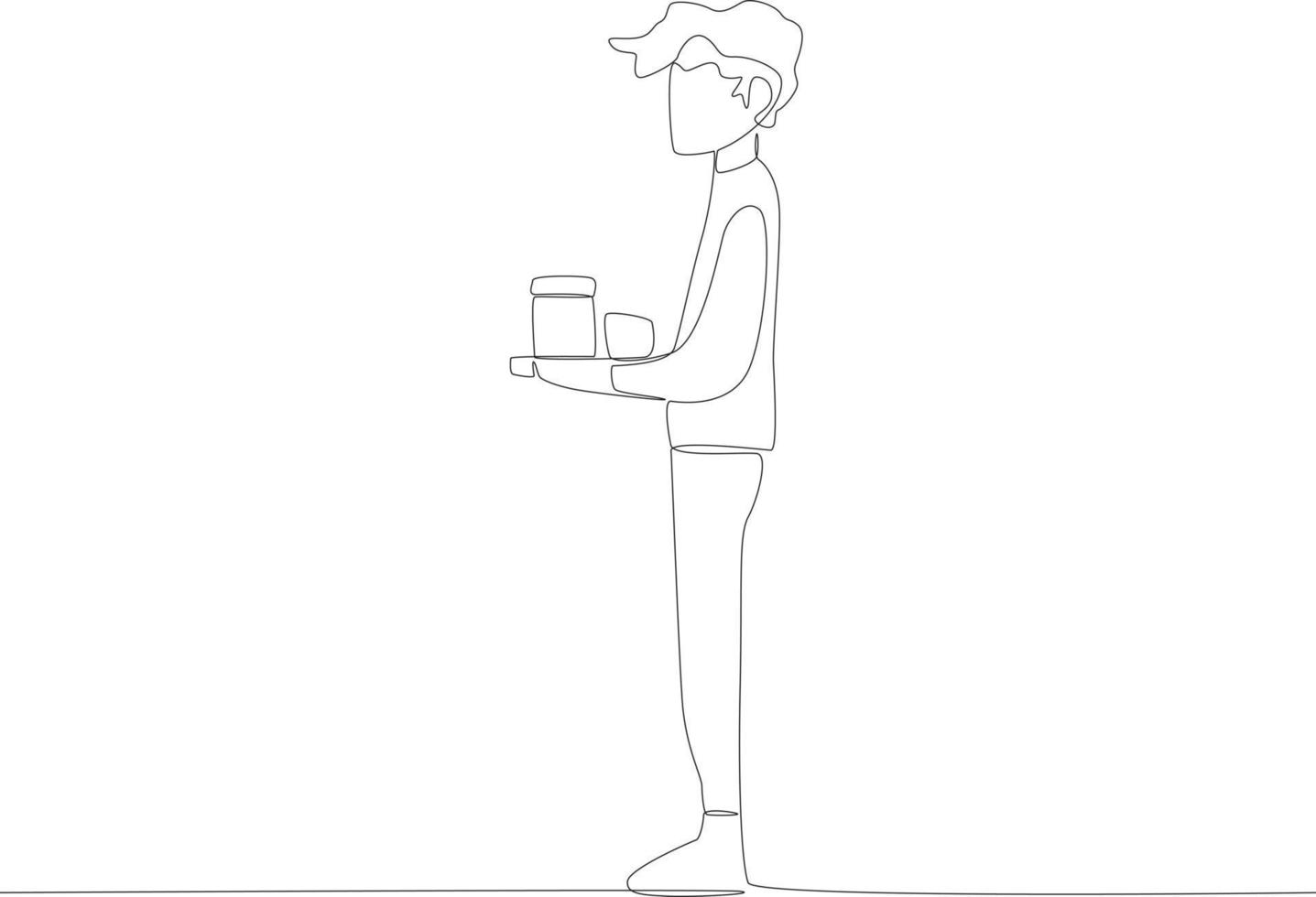 A boy brings his lunch to the table one line drawing vector