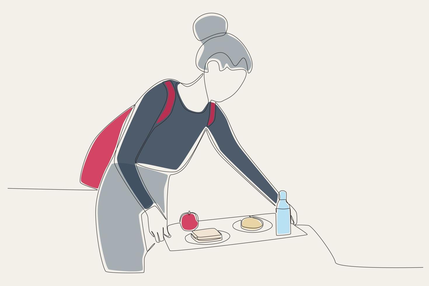Color illustration of a woman preparing her lunch one line drawing vector