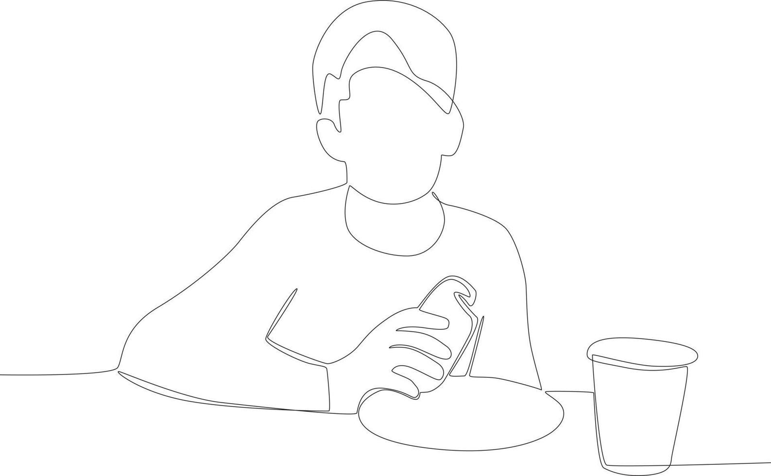 A child's lunch with bread and a glass of milk one line drawing vector