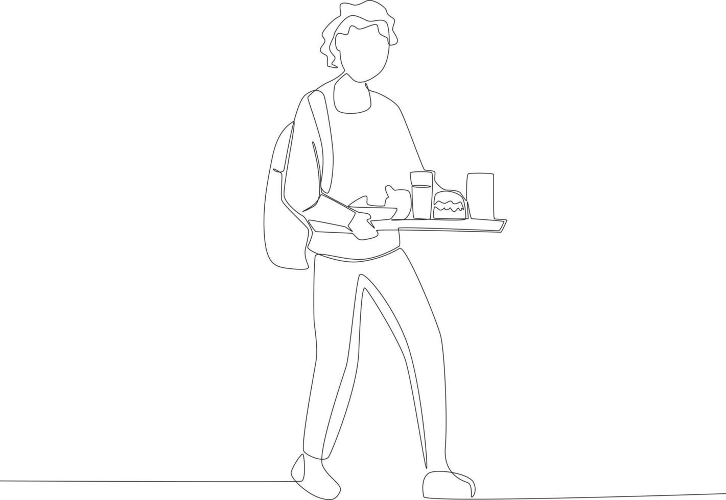 Curly-haired boy carrying a bag and a tray of food one line drawing vector