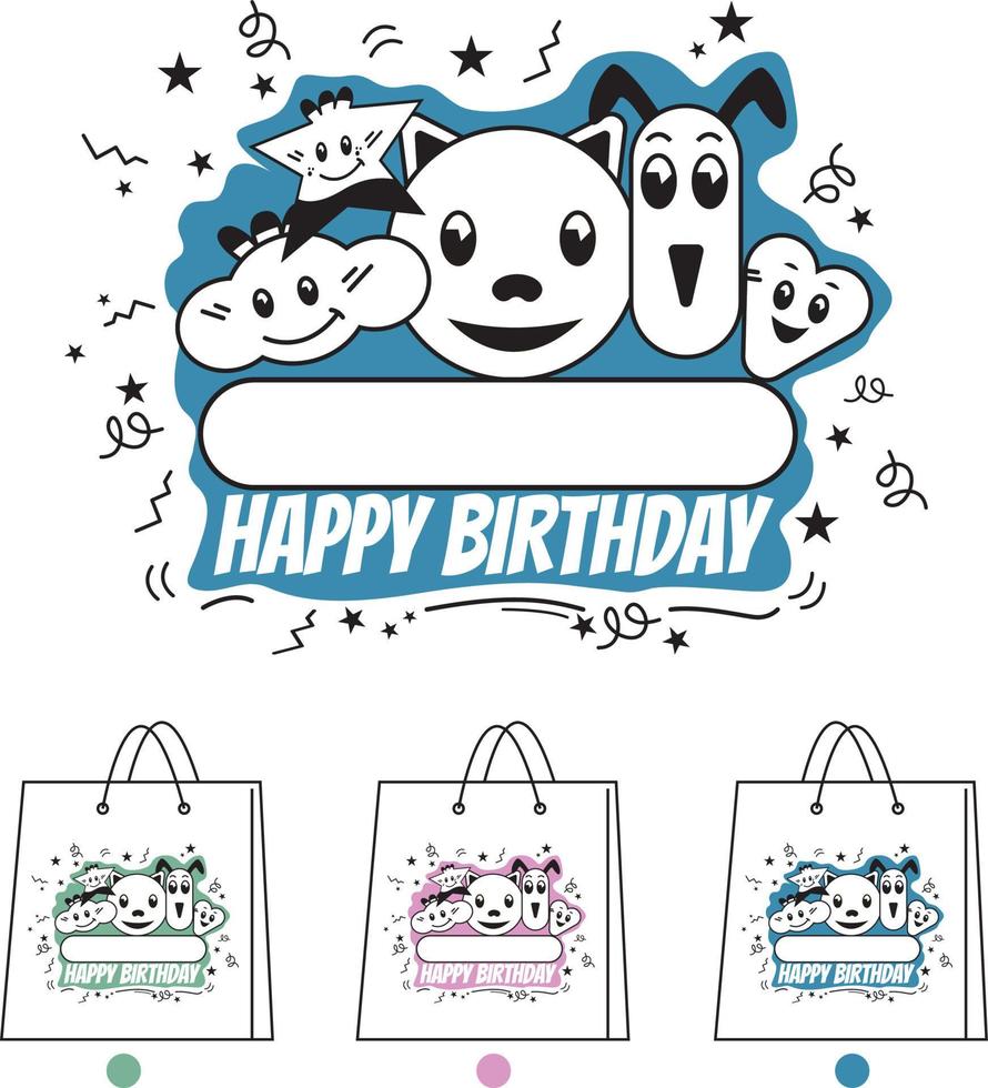 Birthday label template, suitable to print on goodie bag and any merchandise. cute character vector