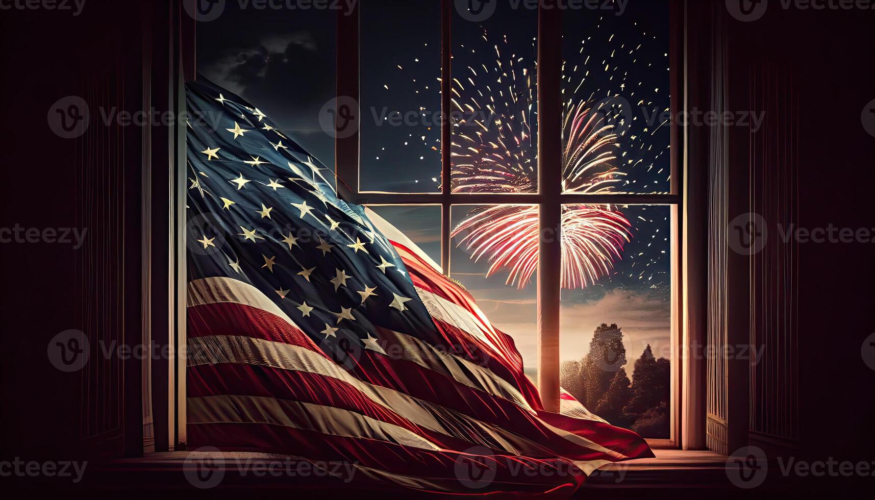 american flag waving in the air with fireworks and night scene view fourth of july concept Independence Day time for revolution July 4th photo