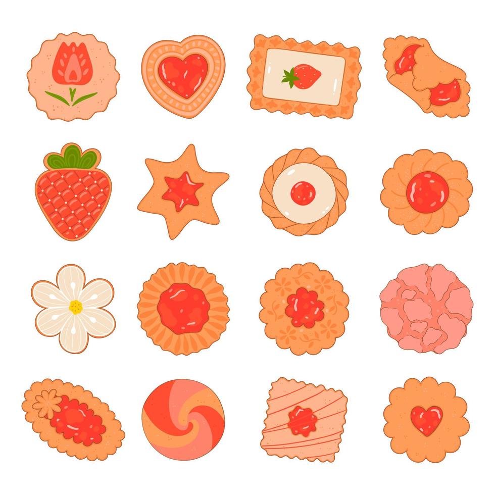 Set of top view strawberry cookies isolated on white background. Vector graphics.