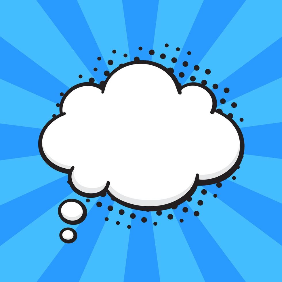 Comic speech bubble of thoughts cloud shape in pop art style. Empty element with contour for your dialogs. Isolated on blue background with rays vector