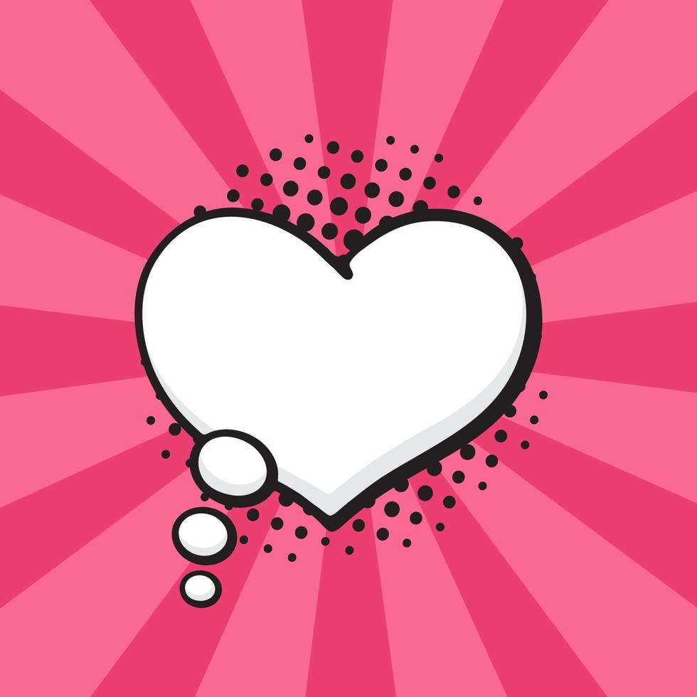 Comic speech bubble of thoughts heart shape in pop art style. Empty element with contour for your dialogs. Isolated on pink background with rays vector