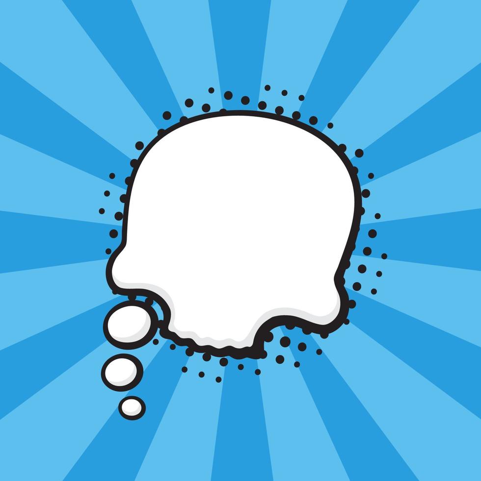 Comic speech bubble of thoughts skull shape in pop art style. Empty element with contour for your dialogs. Isolated on blue background with rays vector