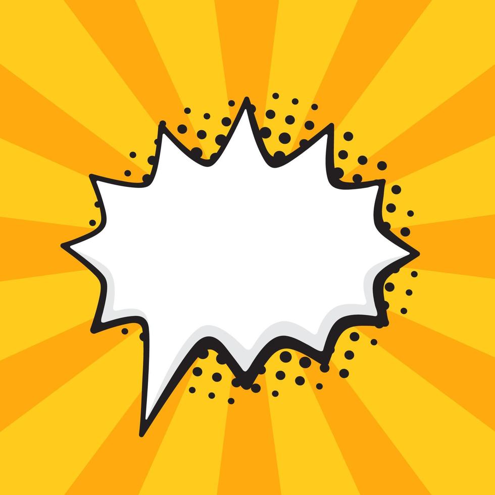 Comic speech bubble of scream rounded barbed shape in pop art style. Empty element with contour for your dialogs. Isolated on orange background with rays vector