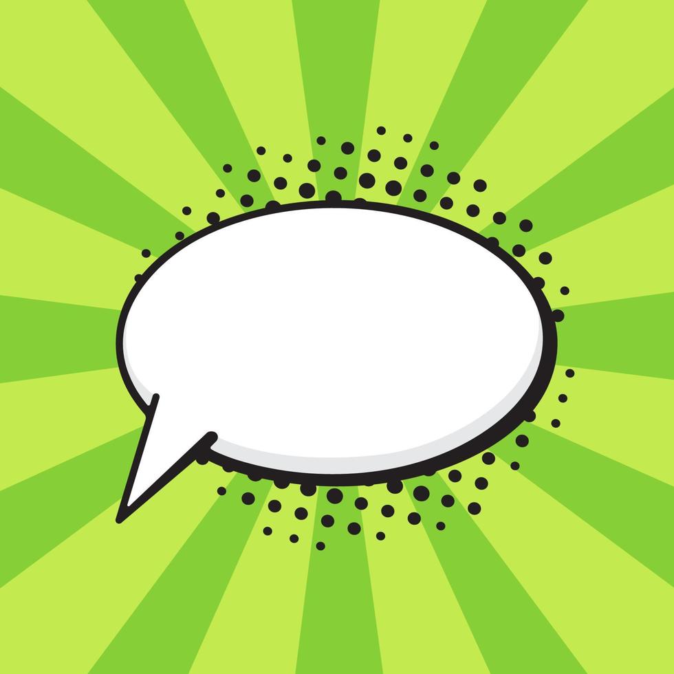 Comic speech bubble of talk oval shape in pop art style. Empty element with contour for your dialogs. Isolated on green background with rays vector