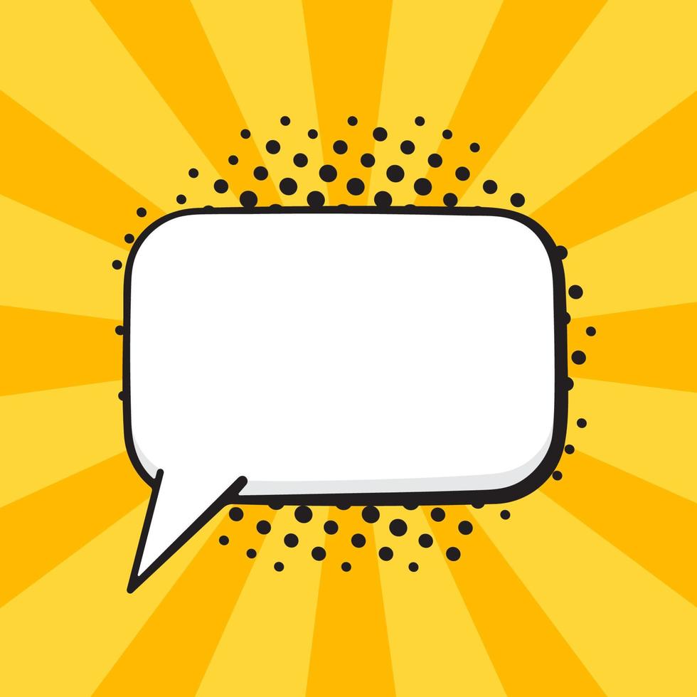 Comic speech bubble of talk rectangular shape in pop art style. Empty element with contour for your dialogs. Isolated on yellow background with rays vector