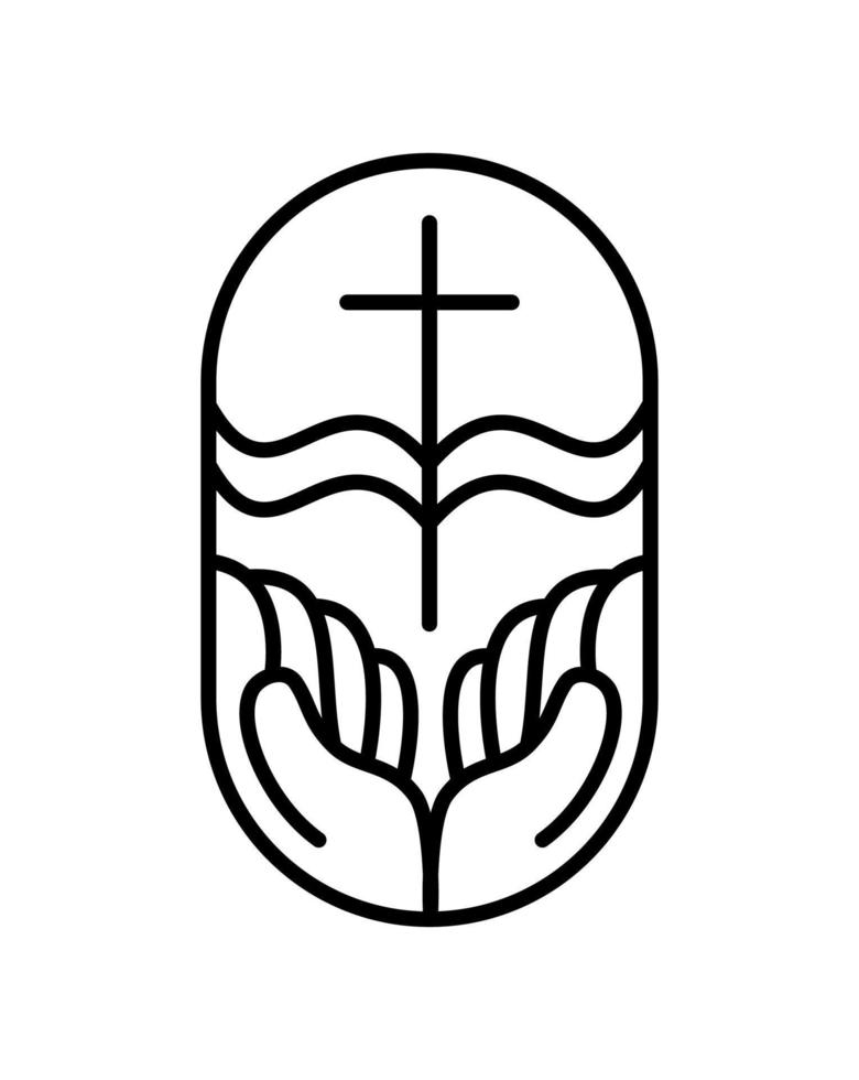 vector religión línea cruz, abierto libro Biblia y manos en iglesia. cristiano logo icono ilustración aislado. Jesús Cristo en calvario es centrar cristiandad. Dios perdón y amor para personas