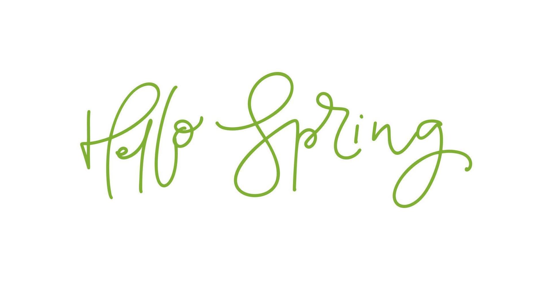 Hand drawn vector green monoline text Hello Spring. Motivational and inspirational season quote. Calligraphic card, mug, photo overlays, flyer, poster design