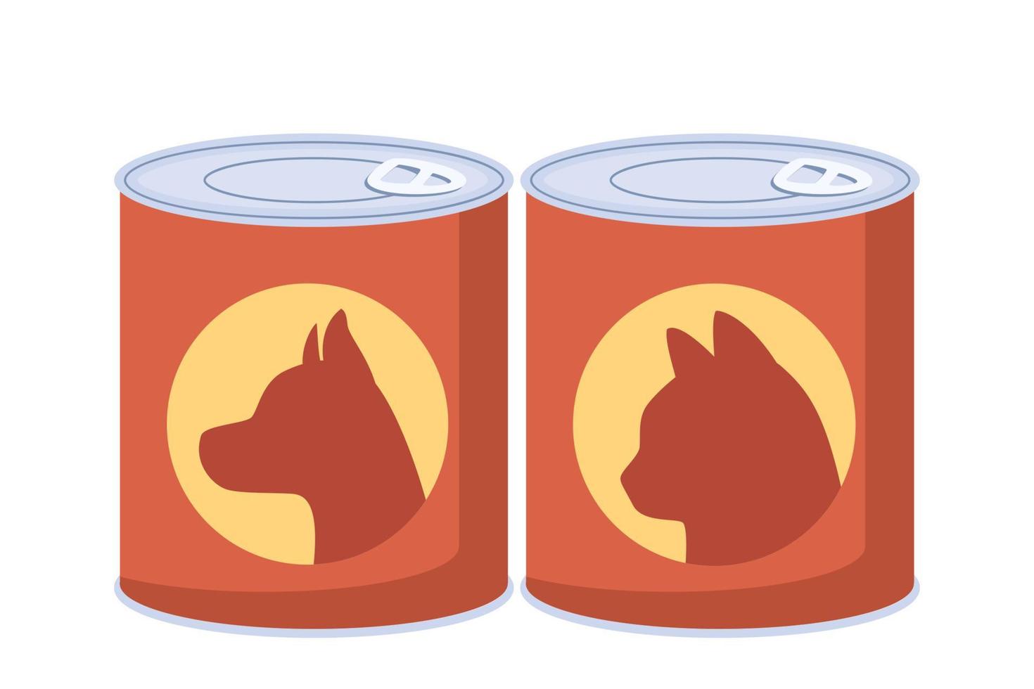 Variety of pet food for different animals. Canned food for cats, dogs. Vector illustration.