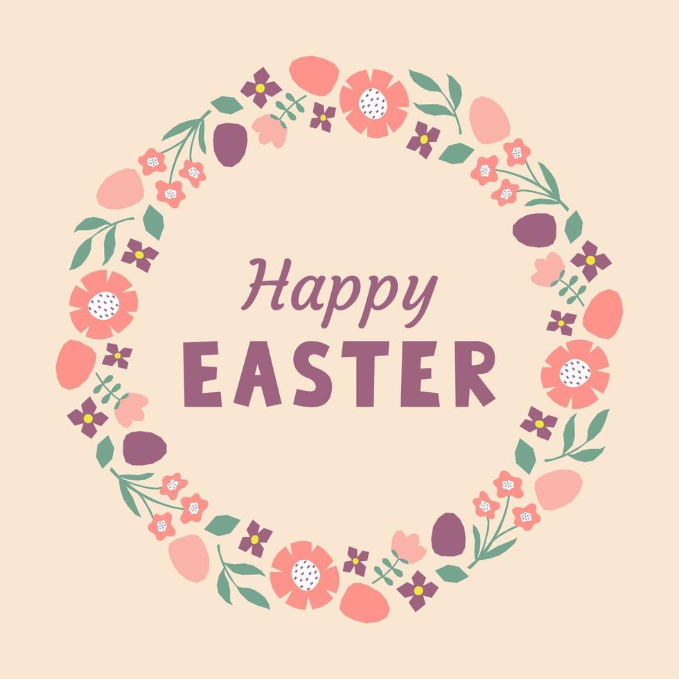 Easter card with colorful frame with cutout branches, flowers and easter eggs. Template for greeting card, invitation, poster, social media vector