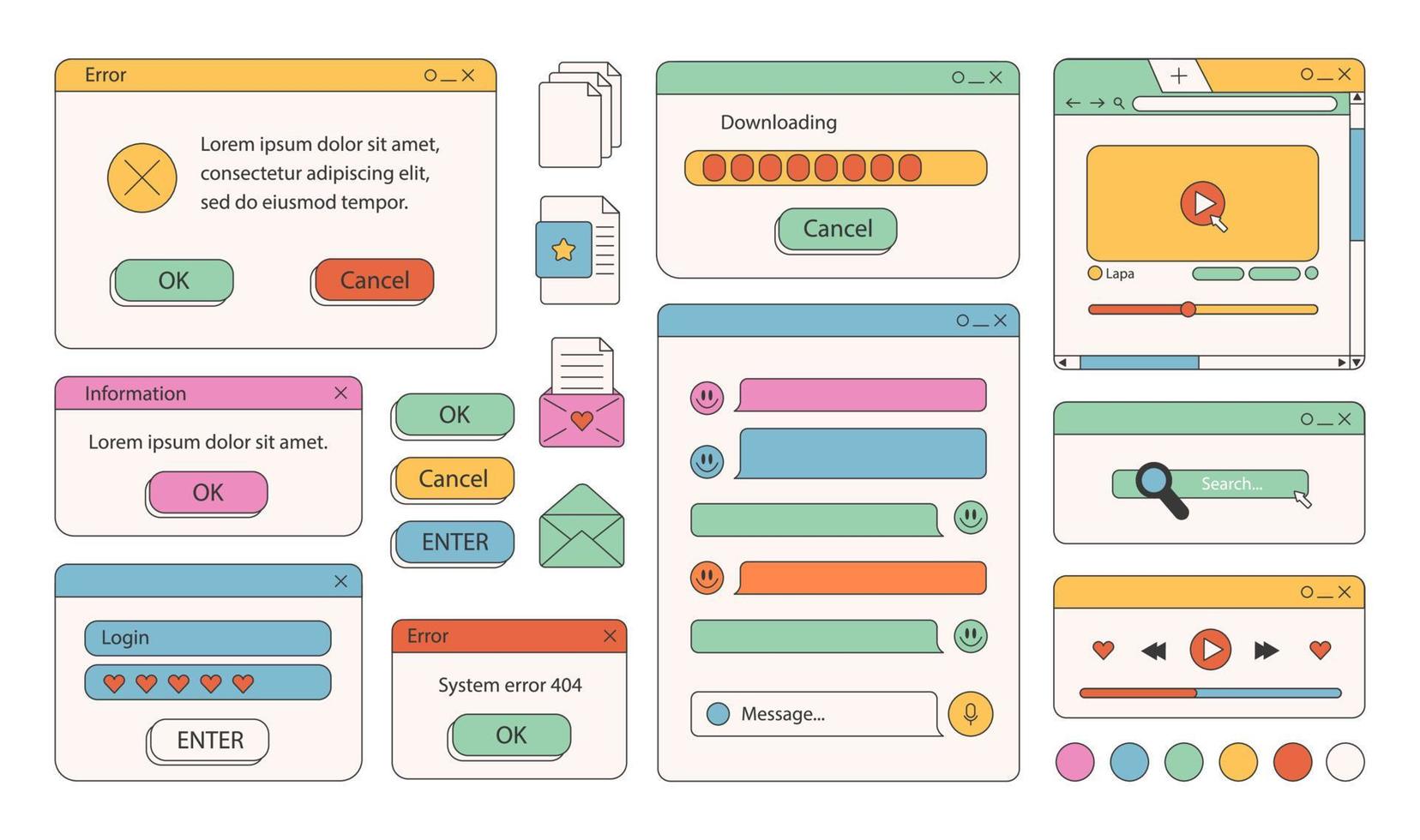 90s retro onda de vapor antiguo escritorio usuario interfaz elementos. linda nostálgico computadora ui, Clásico estético íconos y ventanas vector colocar. 90s interfaz digital, retro ventana computadora valores ilustración