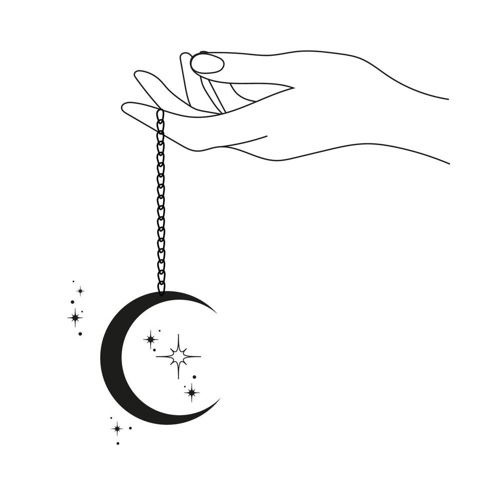 mano con Luna colgante en un cadena y estrellas. resumen símbolo para productos cosméticos y embalaje, joyas, logo, tatuaje. lineal estilo. esotérico vector