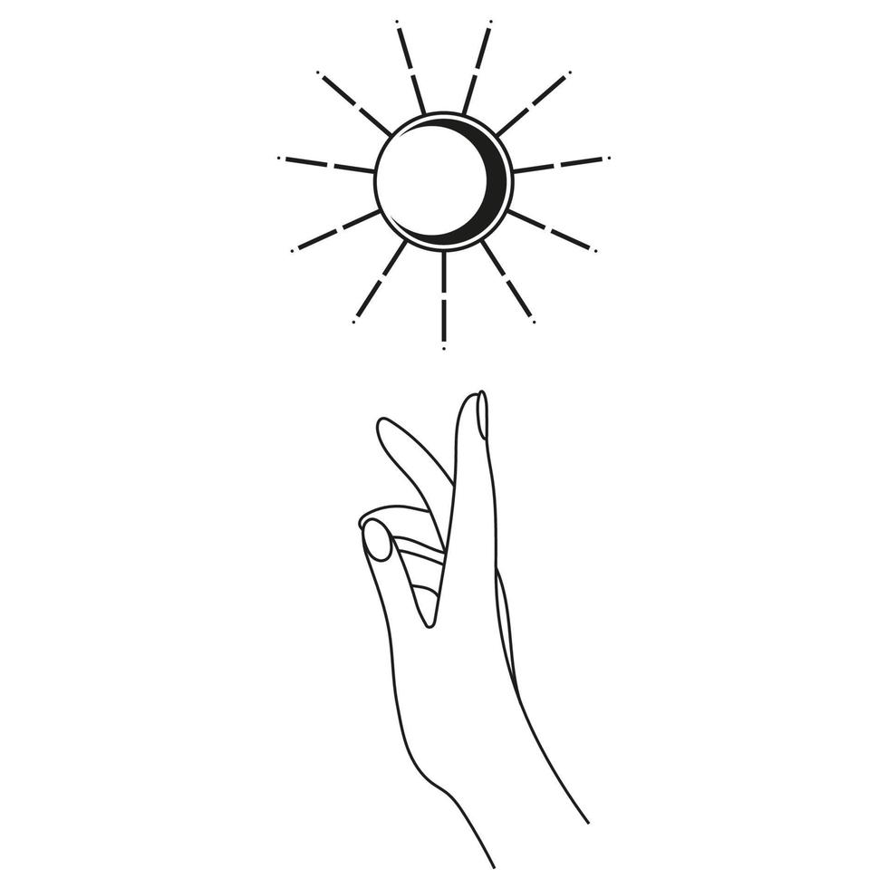 Hand with moon and sun. Abstract symbol for cosmetics and packaging, jewelry, logo, tattoo. Esoteric. linear style. vector