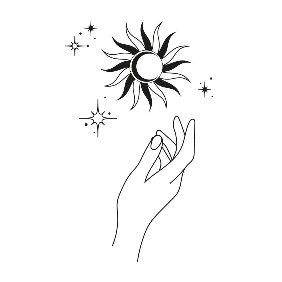 mano con sol, Luna y estrellas. resumen símbolo para productos cosméticos y embalaje, joyas, logo, tatuaje. esotérico. lineal estilo. vector