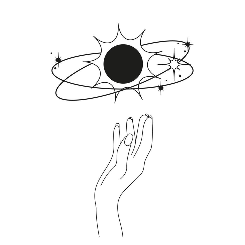 mano con negro sol, órbitas y estrellas alrededor. resumen símbolo para productos cosméticos, joyas, logo, tatuaje. lineal estilo. esotérico vector