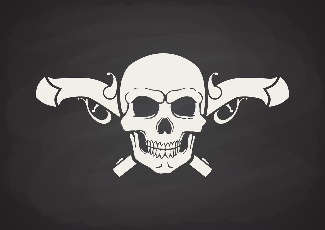Silhouette of skull Jolly Roger with crossed pistols behind vector