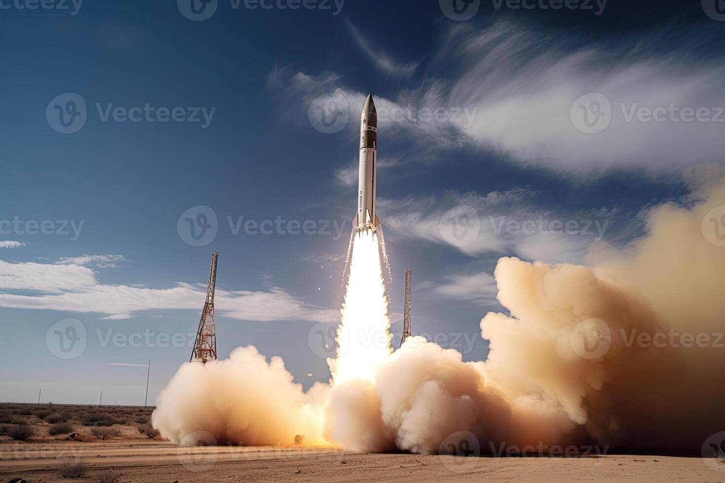 Rocket launch from cosmodrome. Fight of space rocket in blue sky. Space mission. Space Shuttle takeoff. Created with photo