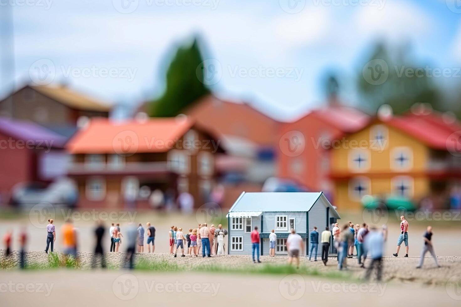 City life with living building facades and people walking at street, aerial view. Urban infrastructure. Model of city street in miniature, tilt shift. Created with photo