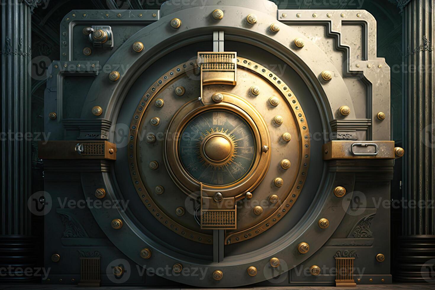Decorated bank safe door. Bank vault for saving money and precious metals. Created with photo