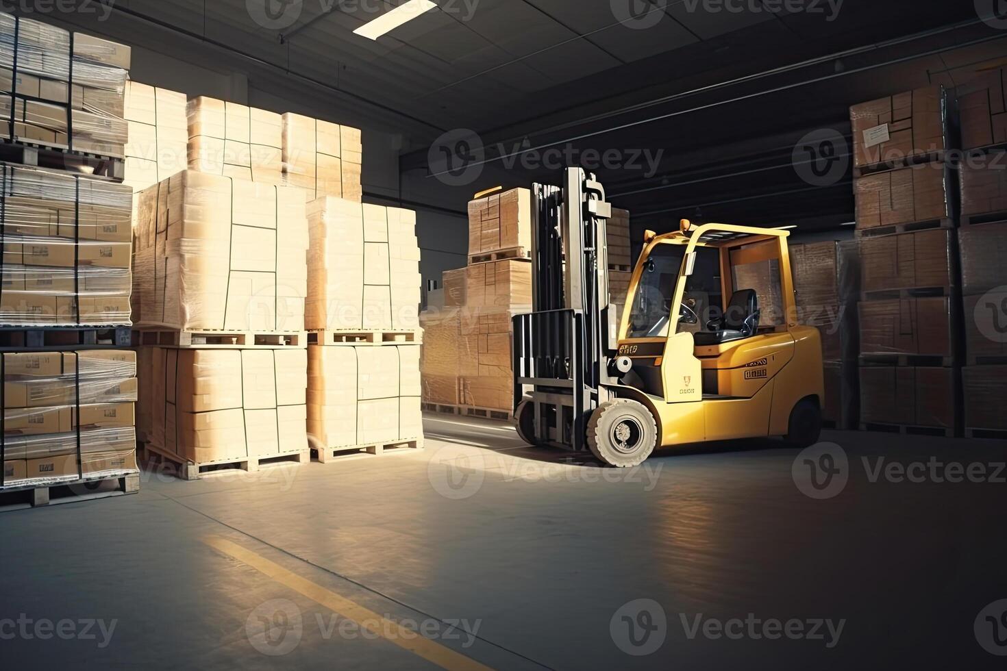 Forklift for loading pallets with packages in warehouse interior. Commercial distribution warehouse with shelves and boxes. Created with photo