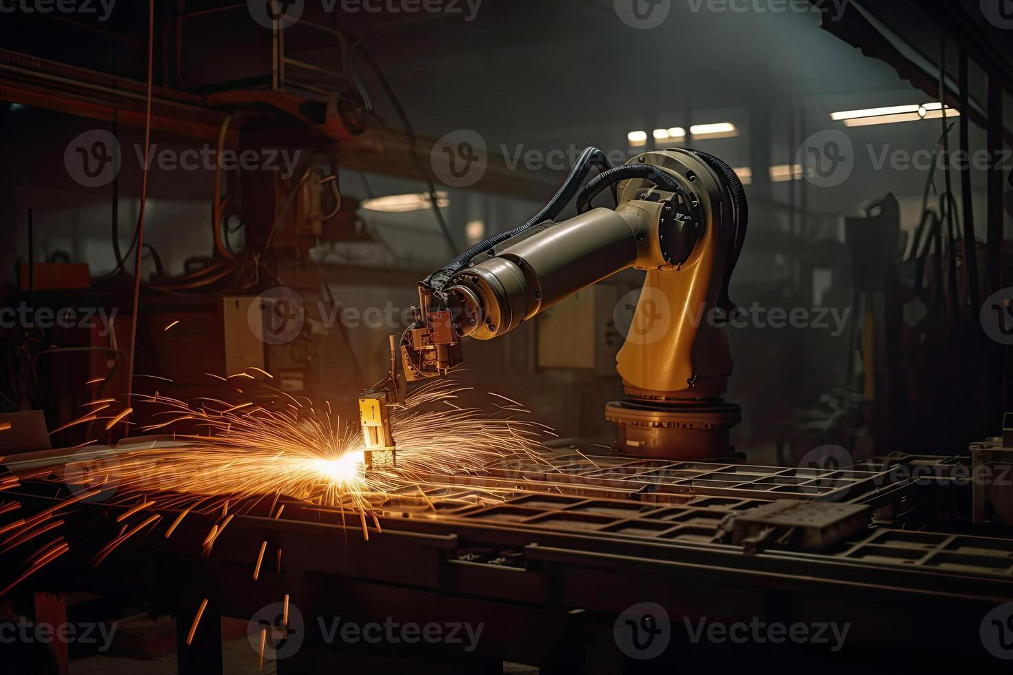 Robotic arm works on welding. Conveyor line at factory. Automatic welding. Created with photo