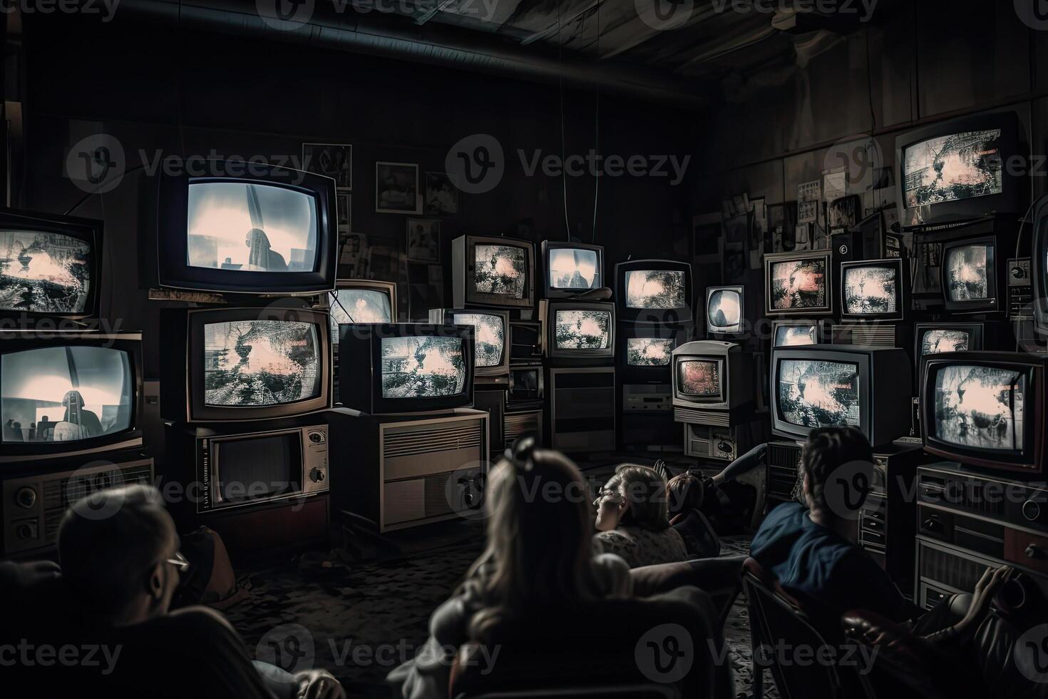 People watching a lot of retro televisions. Propaganda and fake news concept. Politicians manipulate society with help of public television. Created with photo