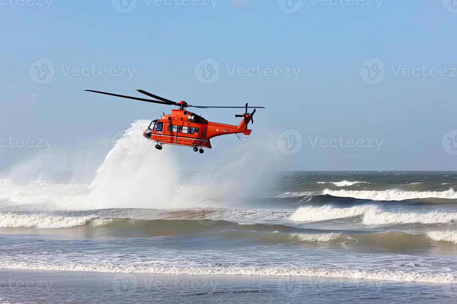 Search and rescue operation in sea. Emergency rescue helicopter flies over sea surface, looking for victims after crash. Created with photo