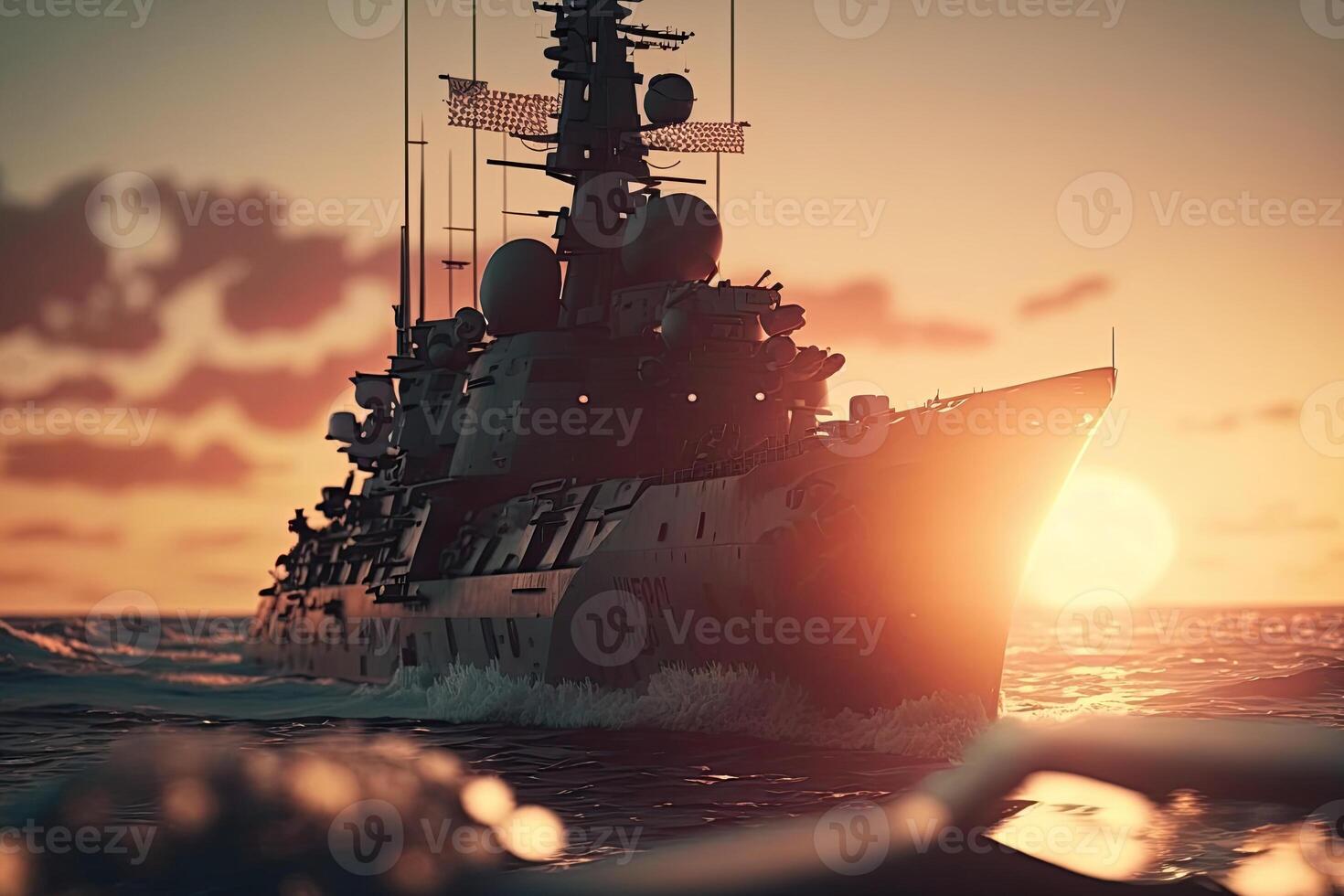 Modern warship in the sea at sunset. Military force ship sailing in ocean. Created with photo