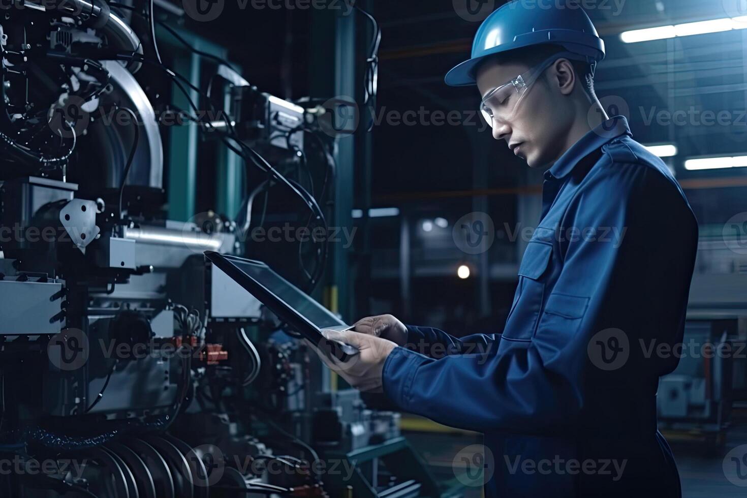 Engineer with tablet computer at factory workplace. Industrial worker controls operation of robotic production line. Created with photo